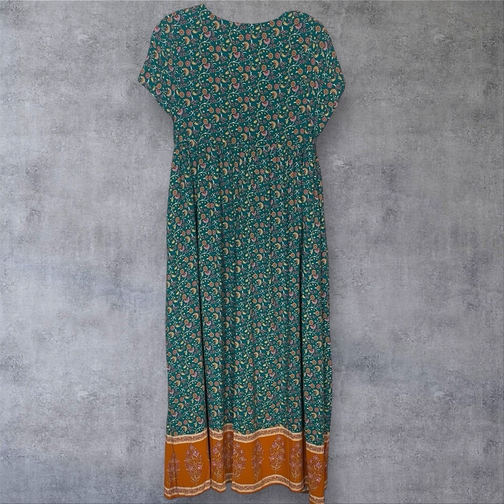 Natural Life Avery Floral Midi  Dress Womens XS/S  Turquoise/Orange Boho Peasant - Picture 5 of 8